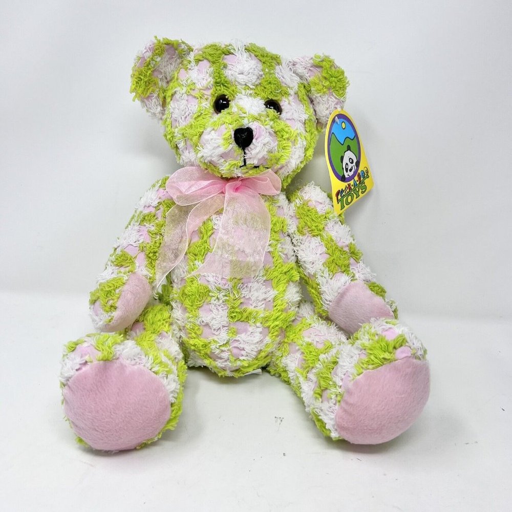 Peek A Boo‎ Plush Pink Teddy Bear With Chenille Green & White Check 10" With Tag